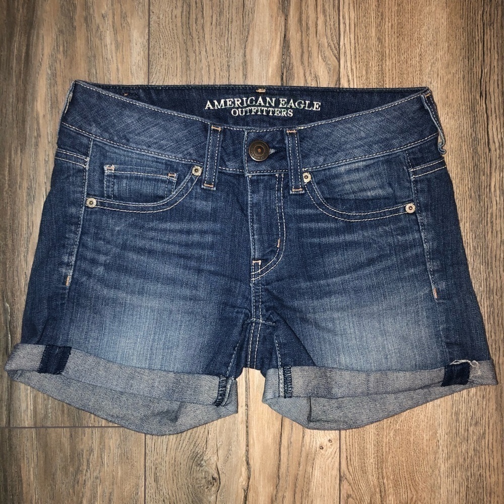 AEO Denim Stretch Mid Thigh Shorts